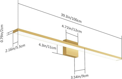 Ralbay Modern LED Gold Vanity Light for Bathroom 40inch Frosted Aluminum Gold Bathroom Wall Lighting Fixtures Over Mirror White Light 6000K
