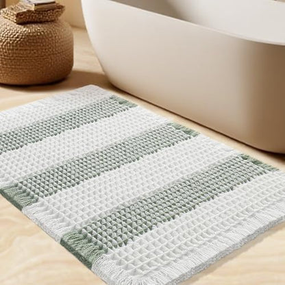 Upgrade Waffle Bath Mat, Boho Bathroom Rugs Absorbent Non Slip, Ultra Soft Bathroom Mat, Machine Washable Knit Bath Rugs with Stripe for Bathroom, Bedroom, Kitchen, Tub, 24"x17", Light Green & White