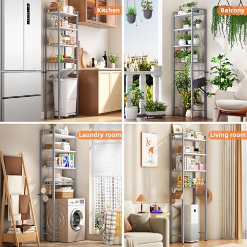 Over-The-Toilet Storage Rack, 4-Tier Bathroom Organizer Shelf Over Toilet with Adjustable Shelf and Basket, Freestanding Space Saver Bathroom Shelves Above Toilet for Room (Gray White)
