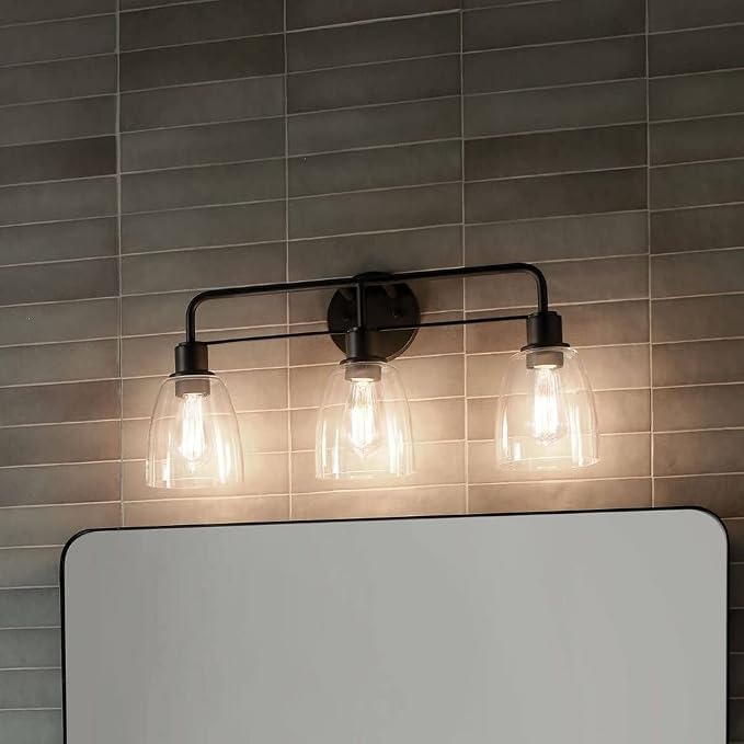 Kichler Meller 3-Light Industrial Vanity Light, Brushed Nickel | Modern vanity light with clear glass for bathroom mirrors (24.25" x 11.25" x 7"), 55102NI