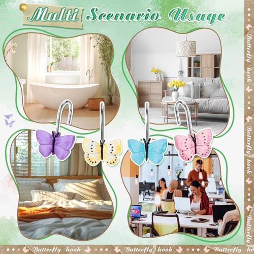 Thyle 12 Pcs Butterfly Shower Curtain Hooks Spring Colorful Resin Ornament Rings Butterfly Shower Curtain Hooks for Bathroom Bedroom Accessories