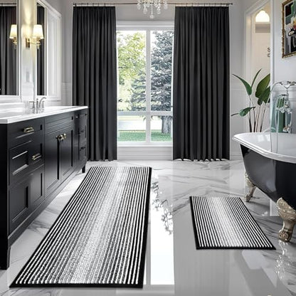 BSICPRO Bathroom Rugs Sets 2 Piece, Non Slip Striped Bath Mats, Black