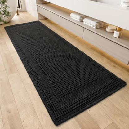 AMOAMI Waffle Bathroom Runner Rugs, Long Bath Mat Non Slip 24''x72'' Black
