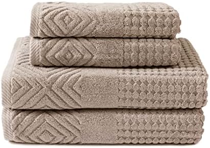 Texere 100% Organic Cotton Diamond Jacquard 700 GSM Luxury Bath Towel Sets - Ultra Soft and Absorbent Hotel and Spa Quality (Diamond, Oxford Tan, 2 Bath & 2 Hand Towels)