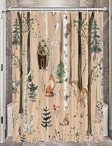 JAWO Rustic Forest Shower Curtains, Lodge Cabin Woodsy RV Shower Curtain, Wildlife Animals Woodland Campers Camping Bathroom Set with Hooks, 54x72 Inch, Brown