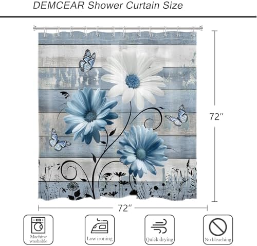 Farmhouse Blue Floral Shower Curtain, Retro Wood, 72W X 72L inches