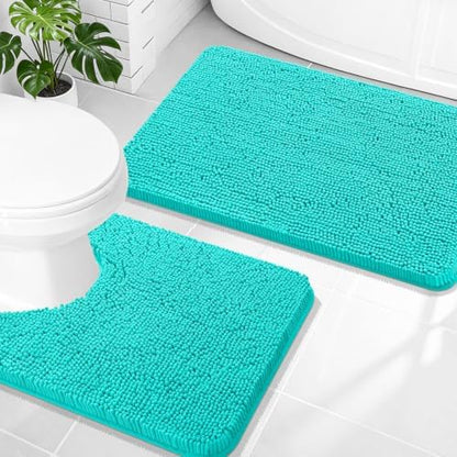 OLANLY Chenille Bathroom Rugs Mats Sets 2 Piece, 30"x20"+24"x20", Teal