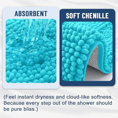 Grandaily Chenille Striped Bathroom Rugs 44x24, Extra Thick and Soft Absorbent Bath Mats, Rubber Backing, Plush Shaggy Shower Carpet, Machine Wash Dry, Bath Rug for Bathroom, Aqua Sky
