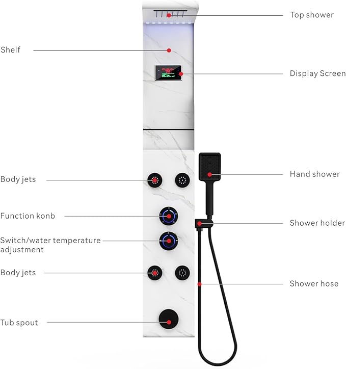 ELLO&ALLO LED Rainfall Shower Head and Rain Massage System with Body Jets Stainless Steel Bathroom Shower Panel Tower System with Shelf, Marble&Black