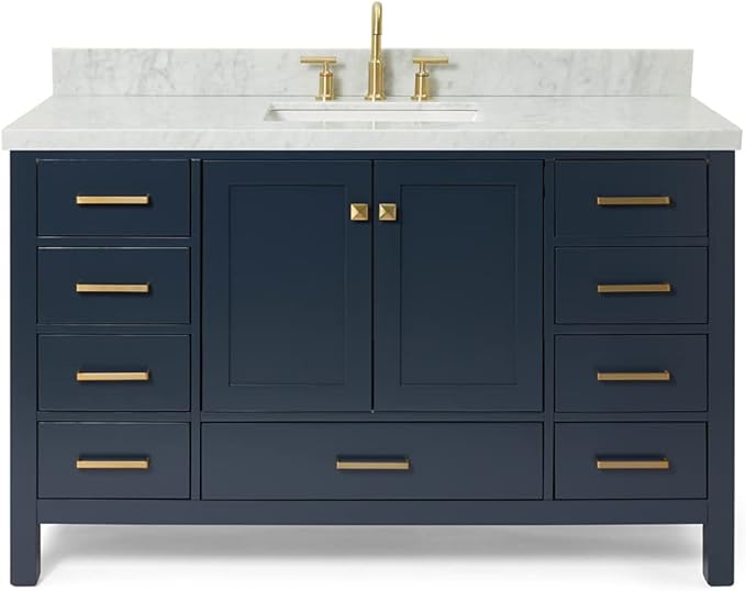 ARIEL Cambridge 54-inch Bathroom Vanity with Sink,Solid Wood, 1.5-inch Italian Carrara Marble Countertop, Single Rectangular Porcelain Sink, 2 Soft Closing Doors, 9 Dovetail Drawers, Midnight Blue