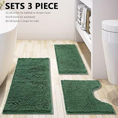 Green Bathroom Rug Chenille 3-Piece Extra Soft and Absorbent Shag Bath Mat Set, Machine Wash Bathroom Rug Set, Strong PVC Non-Slip Underside, Plush Carpet Bath Mat (Dark Green)