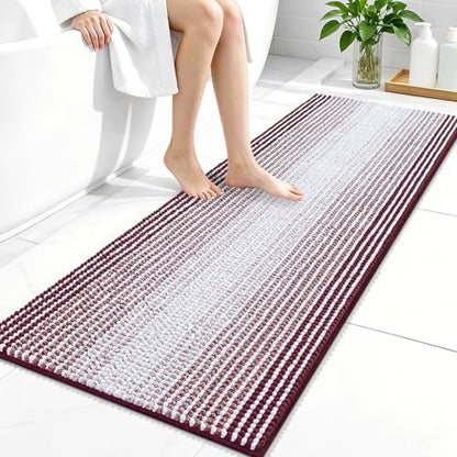 OLANLY Bathroom Runner Rugs 47x20, Chenille Striped Bath Rugs, Burgundy