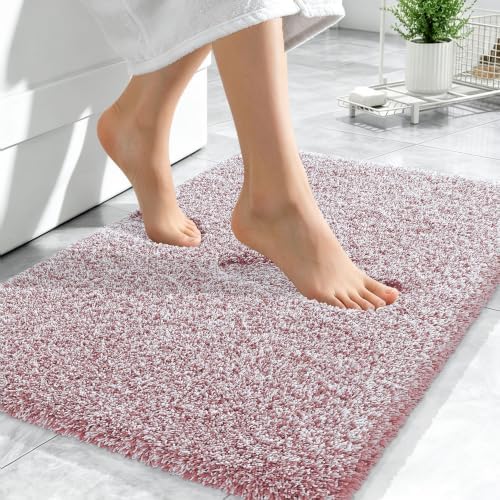 OLANLY Microfiber Bathroom Rugs 24x16, Quick Dry Mat, Deep Rose and White