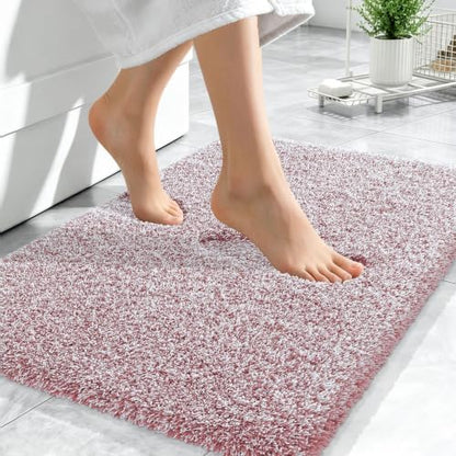 OLANLY Microfiber Bathroom Rugs 24x16, Quick Dry Mat, Deep Rose and White