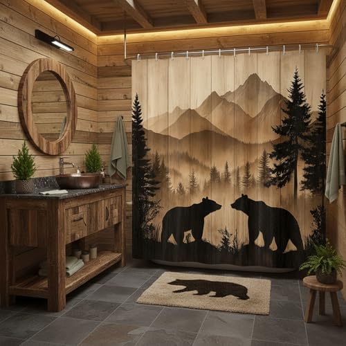 Bear Shower Curtain, Rustic Cabin Forest Shower Curtain Brown Wooden Print Wildlife Country Bath Curtains with Hooks, Hunting Camping Waterproof Polyester Fabric Bathroom Decor Accessories,60X70IN