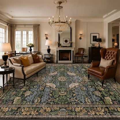 7x10 Green Washable Kitchen Table Rug for Under Table - Dark Floral Rugs for Bedroom, Dining Room, Vintage Brown Bird Patterned Living Room Carpet, Non-Slip Stain & Fade Resistant