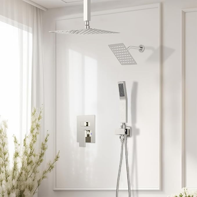 Shower System Shower Faucet Set, STARBATH 12"+6" Ceiling Mount Rain Shower Head and Handheld Spray for Two Person, Rainfall Shower System with Diverter Valve and Trim Kit Complete,Brushed Nickel