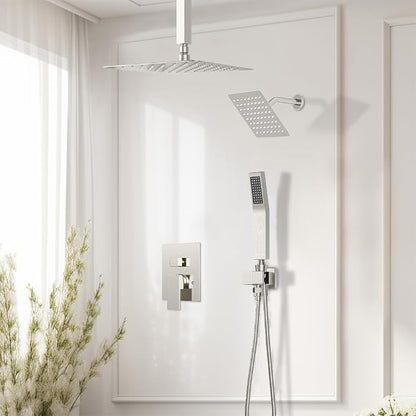 Shower System Shower Faucet Set, STARBATH 12"+6" Ceiling Mount Rain Shower Head and Handheld Spray for Two Person, Rainfall Shower System with Diverter Valve and Trim Kit Complete,Brushed Nickel