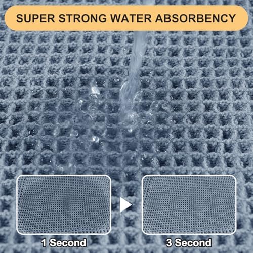 Upgrade Waffle Bath Mat Set 2 Piece, Boho Bathroom Rugs Absorbent Non Slip, Ultra Soft Bathroom Mat, Machine Washable Knit Bath Rugs with Border for Bathroom, Bedroom, Kitchen, Shower, Tub, Blue