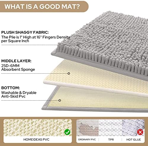 HOMEIDEAS Light Grey Chenille Bathroom Rugs Set of 3, Non Slip Bath Mat