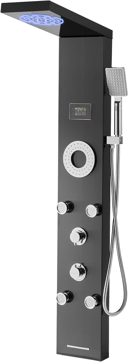 VEVOR Shower Panel Tower System with Rainfall Shower Head, LED, 53 in Brushed Stainless Steel Shower Column, 6-Function Faucet, Wall-Mount Rain Massage System with 5 Body Jets, Handheld, Tub Spout