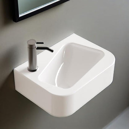 14"x10" Small Bathroom Sink Wall Mount Bathroom Sink Rectangle Ceramic Wash Basin floating Mini Vessel Sink for Bathrooms, Left Hand