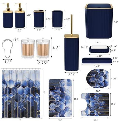 XLHOMO Bathroom Set - 26PC Bathroom Set with Shower Curtain and Rugs, Bathroom Accessory Set, Navy Blue Bathroom Sets, Trash Can & Soap Dispenser