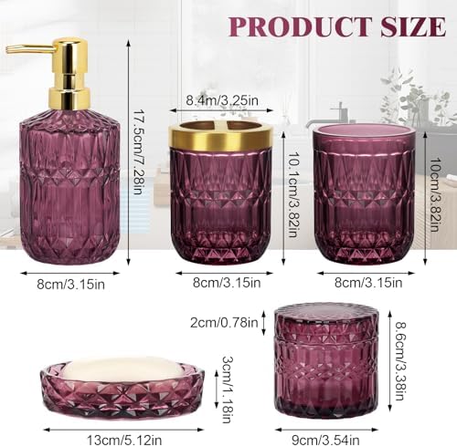 Bathroom Accessories Set, 5Pcs Bathroom Soap Dispenser Set, Glass Bathroom Accessories with Glass Soap Dispenser, Soap Dish, Toothbrush Holder, Tumbler, Cotton Swab Jar (Red)