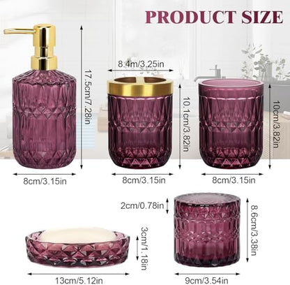 Bathroom Accessories Set, 5Pcs Bathroom Soap Dispenser Set, Glass Bathroom Accessories with Glass Soap Dispenser, Soap Dish, Toothbrush Holder, Tumbler, Cotton Swab Jar (Red)