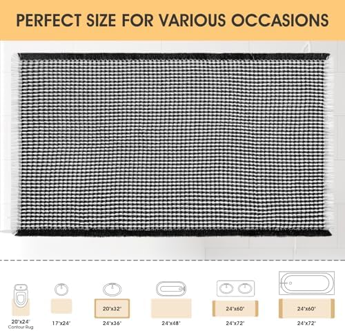 IM HOME Waffle Bath Mat Black & Cream 24"x17",Boho Woven Modern Bath Mat Rugs, Absorbent Non Slip Bathroom Rugs, Soft Washable Bath Rugs with Tassels for Bedroom, Kitchen, Shower, Tub