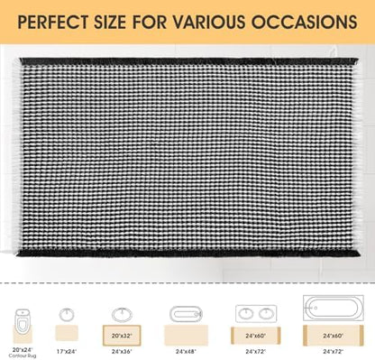 IM HOME Waffle Bath Mat Black & Cream 24"x17",Boho Woven Modern Bath Mat Rugs, Absorbent Non Slip Bathroom Rugs, Soft Washable Bath Rugs with Tassels for Bedroom, Kitchen, Shower, Tub