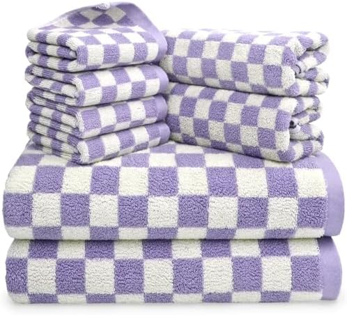 8-Piece Cotton Towels and Washcloths Sets, Checkered Bathroom Towels Set