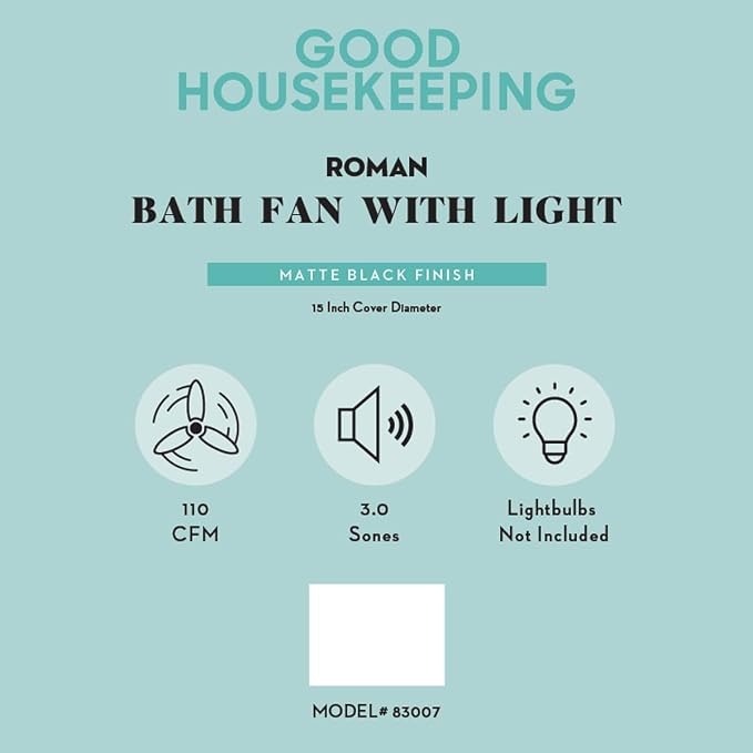 Good Housekeeping Roman (83007) Decorative 110 CFM 3.0 Sones Bathroom Ventilation Exhaust Fan with Light & Night-Light (Matte Black)