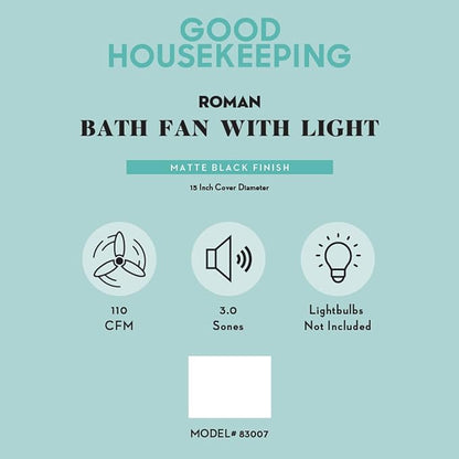 Good Housekeeping Roman (83007) Decorative 110 CFM 3.0 Sones Bathroom Ventilation Exhaust Fan with Light & Night-Light (Matte Black)