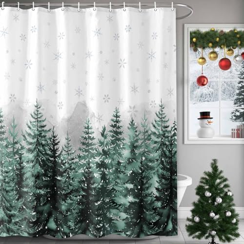 Shower Curtain Bathroom Set Christmas Tree Forest Gradient Green Waterproof Shower Curtains with Grommets Hooks Winter Snowflakes Gray Privacy Bath Curtain for Bathtub Decor 60x72in