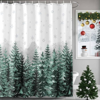 Shower Curtain Bathroom Set Christmas Tree Forest Gradient Green Waterproof Shower Curtains with Grommets Hooks Winter Snowflakes Gray Privacy Bath Curtain for Bathtub Decor 48x72in
