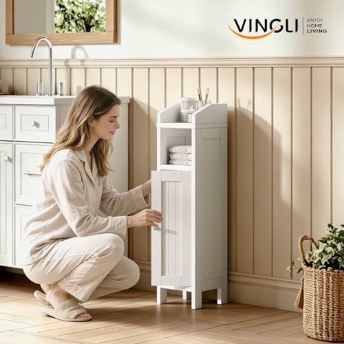 VINGLI Small Storage Corner Floor Cabinet, 7.9" Narrow Toilet Paper Storage Holder with Fluted Door, Skinny Freestanding Organizer for Small Spaces, Slim Bathroom Storage Cabinet, White