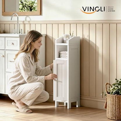VINGLI Small Storage Corner Floor Cabinet, 7.9" Narrow Toilet Paper Storage Holder with Fluted Door, Skinny Freestanding Organizer for Small Spaces, Slim Bathroom Storage Cabinet, White