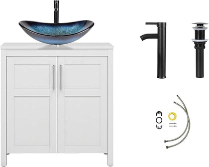 YOURLITE 30" Bathroom Vanity with Sink, White Bathroom Vanity and Sink Combo with Faucet & Pop Up Drain Set,Traditional Vanity with Blue Glass Bowl Bathroom Sink