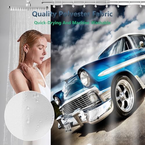 Classic Car Gloss Blue White Hot Rod Shower Curtain with Hooks 72 x 72 Inch
