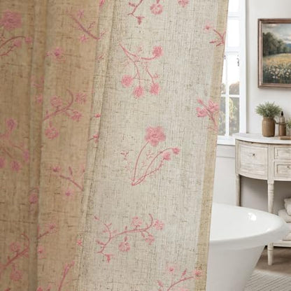 Pink Floral Vintage Linen Shower Curtain Embroidered Textured 72Wx72H