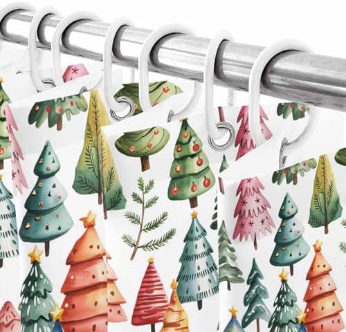 Christmas Tree Shower Curtain Bathroom Set Star Xmas Pine Trees Waterproof Shower Curtains with Grommets Hooks Colorful Cartoon Style Privacy Bath Curtain for Bathtub Decor 60x72in