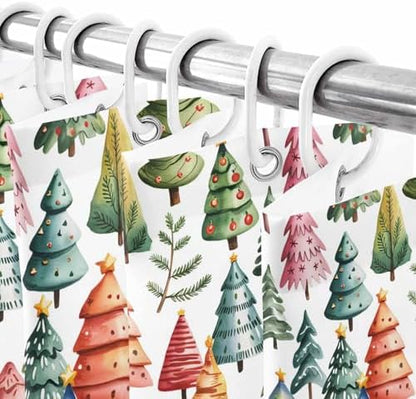 Christmas Tree Shower Curtain Bathroom Set Star Xmas Pine Trees Waterproof Shower Curtains with Grommets Hooks Colorful Cartoon Style Privacy Bath Curtain for Bathtub Decor 60x72in