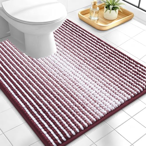 OLANLY Toilet Rugs U-Shaped 24x20, Soft Chenille Contour Bath Mat, Burgundy