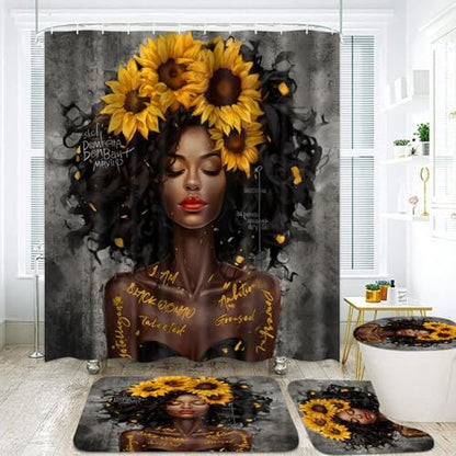 4PCS Shower Curtain Set with Waterproof Shower Curtain Non-Slip Bath Mat Rug and Toilet Lid Cover, Inspirational Quote Africa American Black Queen Fathers Day Bathroom Decor Set