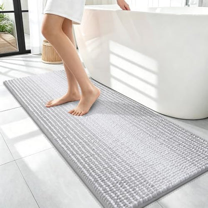 OLANLY Bathroom Runner Rugs 47x17, Chenille Striped Bath Rugs, Light Grey