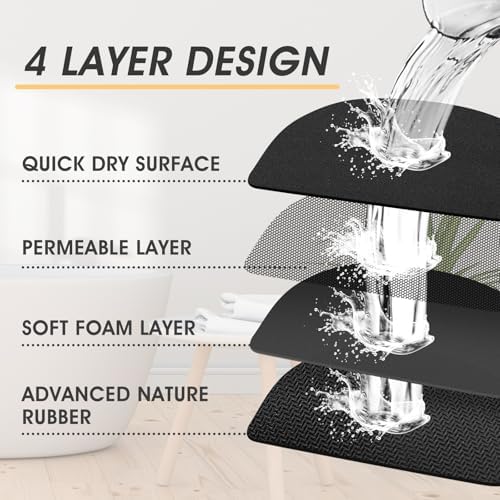 ACCUMTEK Non Slip Bath Mat, Thin Bathroom Rugs Fit Under Door, Quick Dry Bath Mats, Machine Washable Bath Rugs for Bathroom, Bathtub & Kitchen, Bathtub & Kitchen, Black/Solid/2 Piece