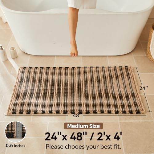 Triohero Waffle Bath Mat, Boho Bathroom Rugs Non Slip, 24x48 Khaki & Black
