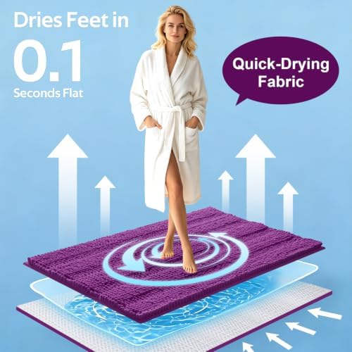 ACCUMTEK Striped Purple Bathroom Rug Set 3 Pieces Ultra Soft, Non Slip Chenille Toilet Mat, Absorbent Plush Shaggy Bath Mats for Bathroom, Bedroom, Kitchen
