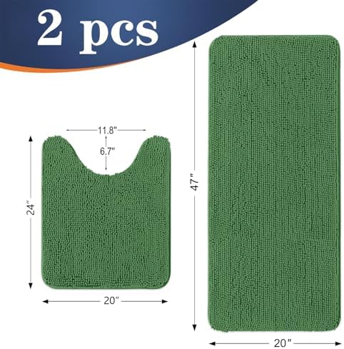 OLANLY Chenille Bathroom Rugs Sets 2 Piece, 47"x20"+24"x20", Olive Green